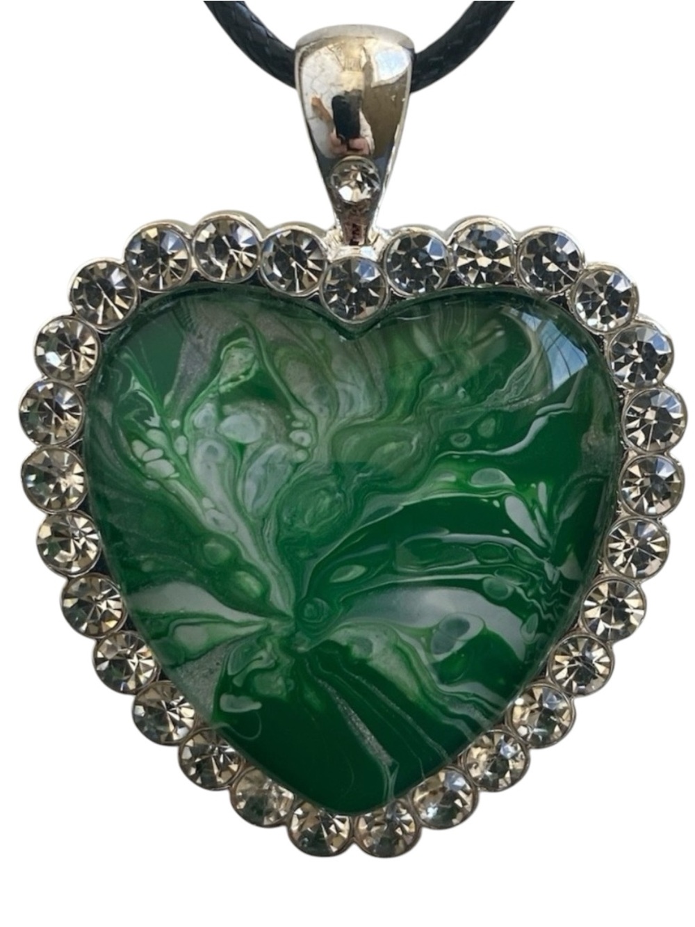 Hand Crafted Fluid Art Necklace Green and Silver Heart Pendant by Svetlana Yeung